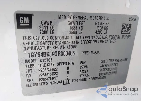 2016 Cadillac Escalade Luxury Collection z USA, uszkodzony, nr VIN 1GYS4BKJ9GR303485